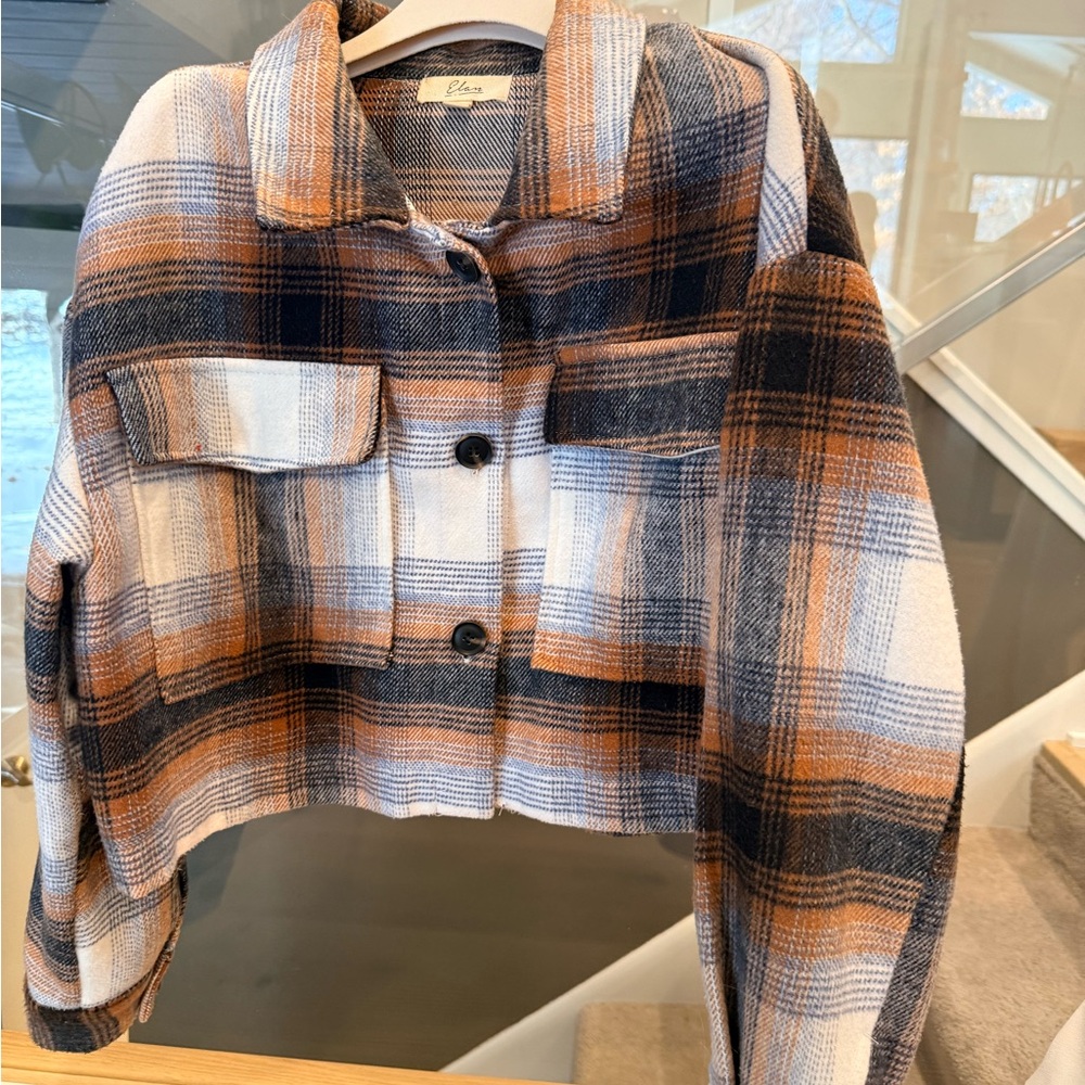 Elan Leo Plaid Cropped Shacket/ Jacket - Brown, Black, White